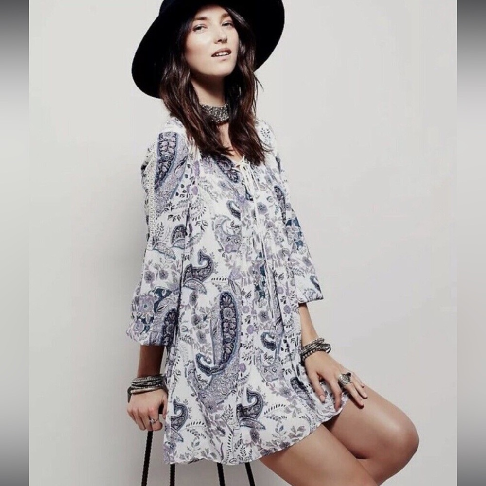 Free People Rain Or Shine Lace Up Mini Dress Ivory Paisley Boho Womens Sz S‎ / P